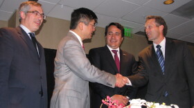 Canada’s Minister of Industry, Tony Clement, U.S. Commerce Secretary Gary Locke, Mexico's Secretary of the Economy, Gerardo Ruiz, and Ruben Barrales, President of San Diego's Chamber of Commerce meet in San Diego to discuss the global marketplace on April 14, 2010. 