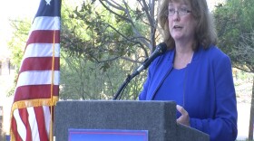 TriWest Health Alliance Sr. Vice President Julie Townsend addresses the crowd of employees on the opening day on their new vet center, Sept. 8, 2015.