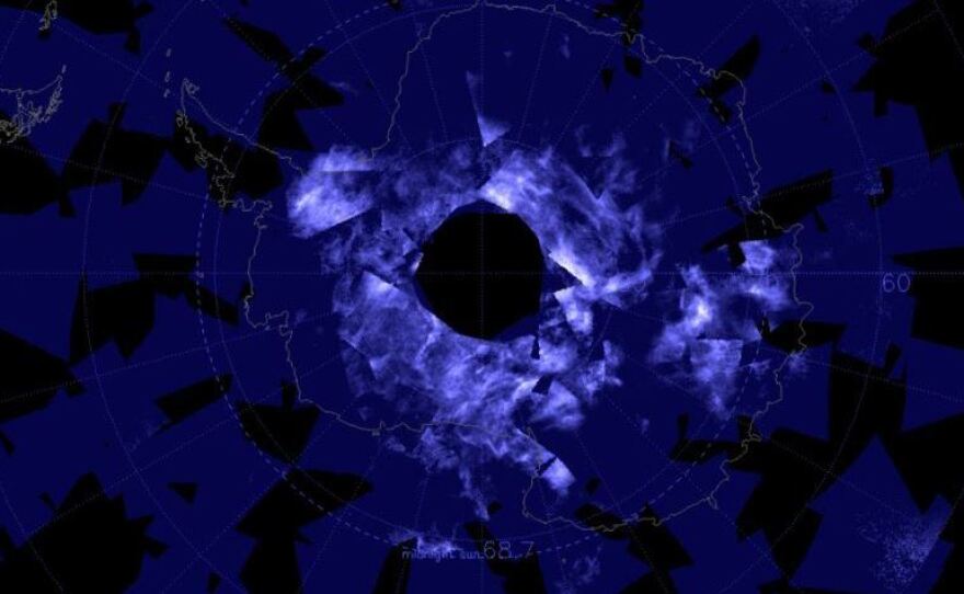 Data collected between Nov. 17-28 by NASA's Aeronomy of Ice in the Mesosphere, or AIM, spacecraft Antarctica covered in glowing electric blue due to the start of noctilucent, or night-shining, cloud season.