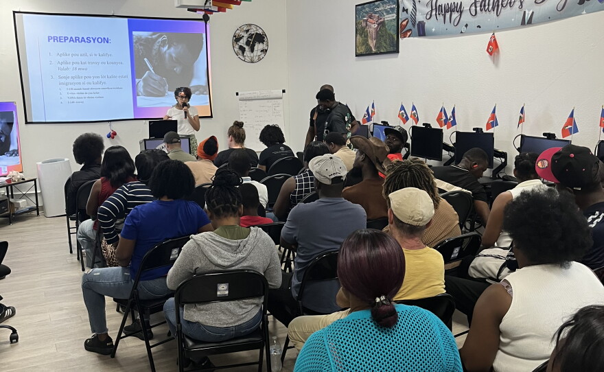 In late June, Haitians in the U.S. with Temporary Protected Status attended an information session at the Haitian Bridge Alliance, in San Diego, about what the loss of their legal status could mean for them and their families — and how to prepare.