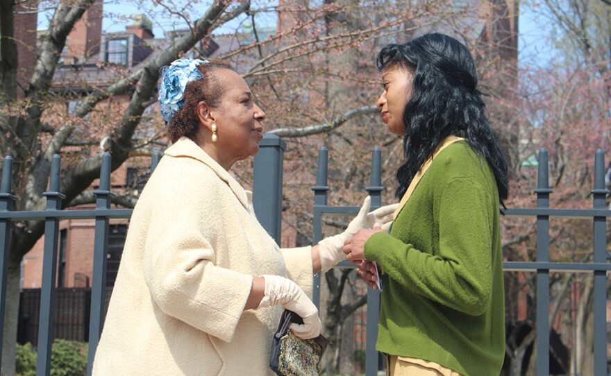 "Legacy of Love" reenactment scene. A benefactor gives college student Coretta Scott a welcome gift.