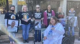 Leslie Allen speaks about her son Paul Silva's in custody death in front of the San Diego County Sheriff's Dept. headquarters. 