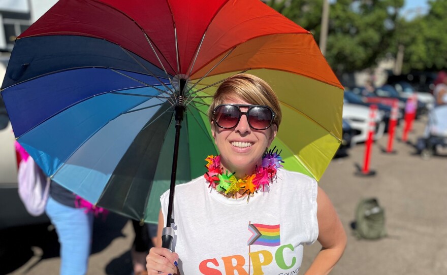 San Diego District 5 city councilmember Marni von Wilpert walks in the city's 2023 Pride march.