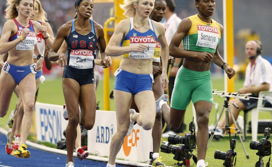 U.S. runner Hazel Clark (second from left) competes with Caster Semenya (right) during a women's 800-meter semifinal at the World Athletics Championships in Berlin on Aug. 17, 2009.