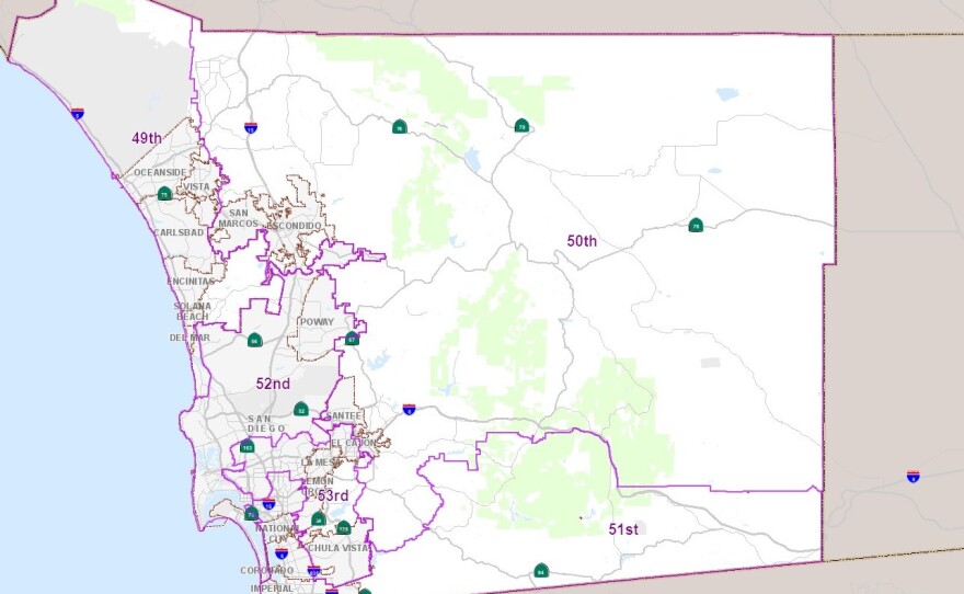 A map showing San Diego County's congressional district lines as of April 2021.