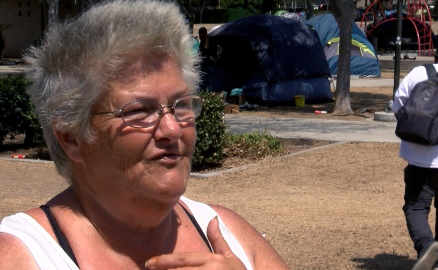 "Mama Heather," who's been homeless for more than 25 years, has been living at Harborside Park for the past five months, Aug. 23, 2022.