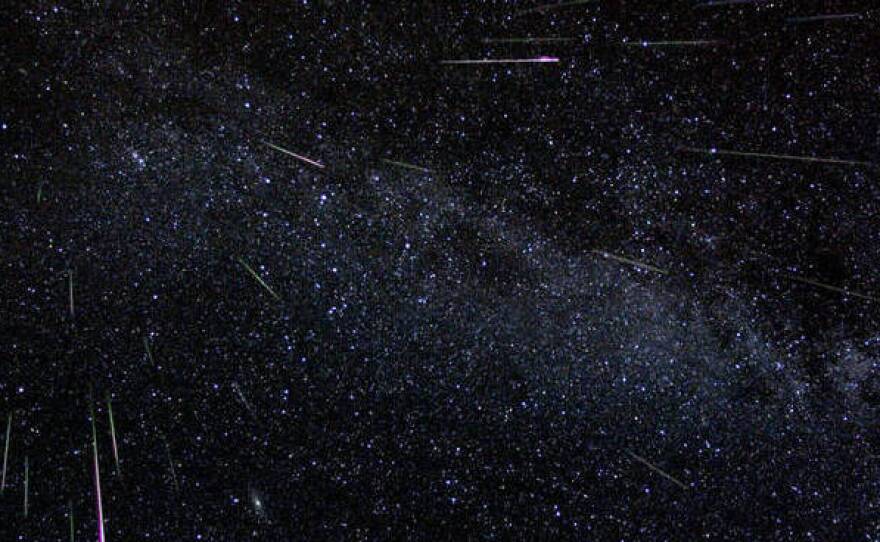 Fifty-one Perseid meteors were captured in this composite image of 30-second exposures taken over six hours in 2004. The annual Perseid meteor shower is one of the most visible to the human eye.