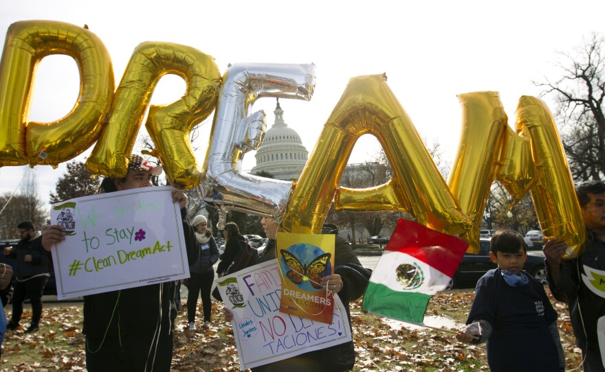Demonstrators hold up balloons during an immigration rally in support of the Deferred Action for Childhood Arrivals  and Temporary Protected Status programs, near the U.S. Capitol on Wednesday.