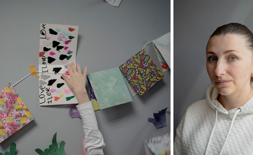 Left: Ukrainian children look at cards sent to them by children from the U.S.; Right: Oksana Vakhil is a headmaster at Poland's Warsaw Ukrainian School.