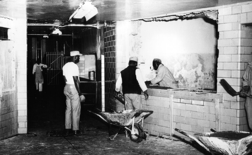 Hundreds of inmates lined up every day along the serving windows at "Soup Alley" on the way to the dining hall.