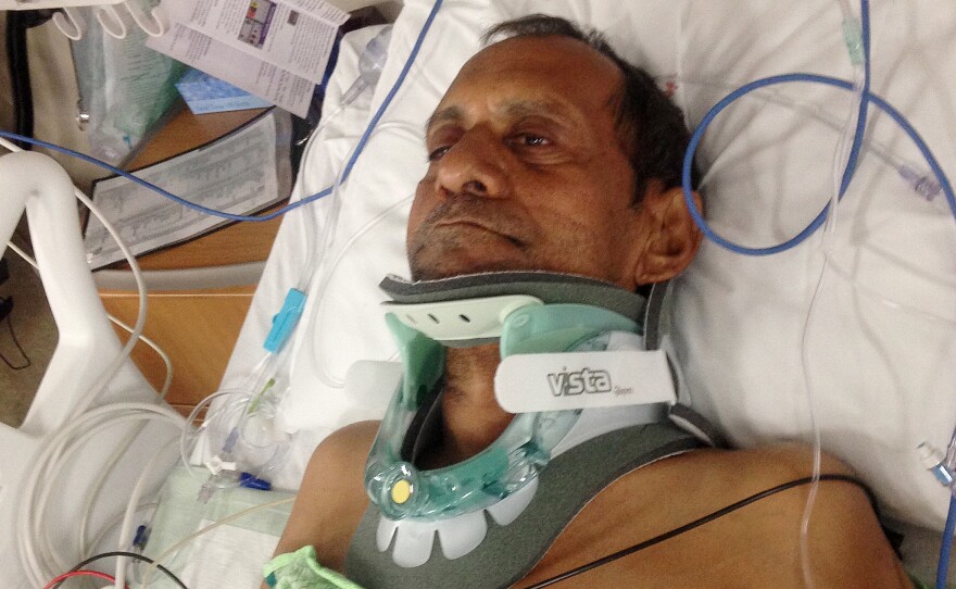 Sureshbhai Patel is shown in a bed at Huntsville Hospital in Huntsville, Ala in February.