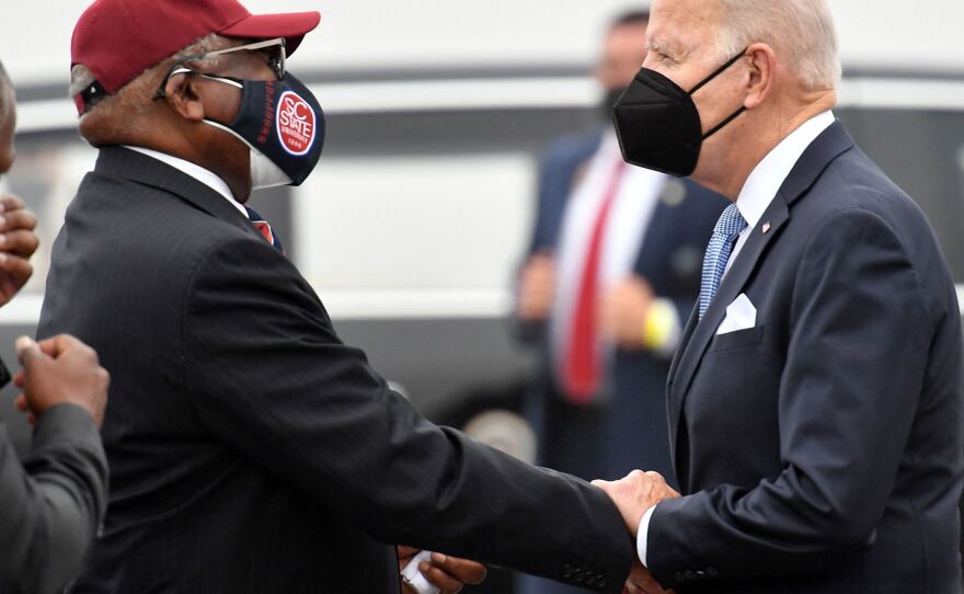 President Biden is welcomed by Rep. Jim Clyburn during a December trip to South Carolina. Clyburn is a close ally who has been urging him to consider Judge J. Michelle Childs for the Supreme Court vacancy.