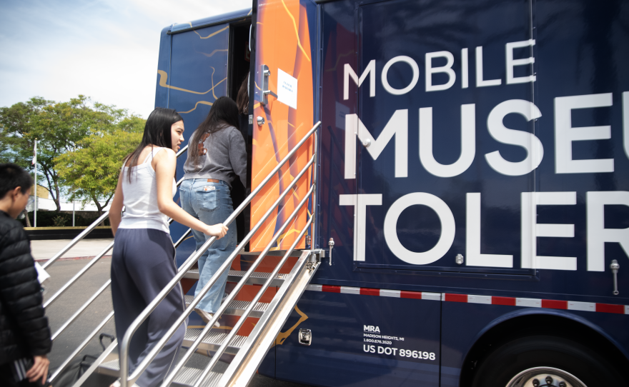 Students enter the Mobile Museum of Tolerance at Westview High School on April 23, 2026.