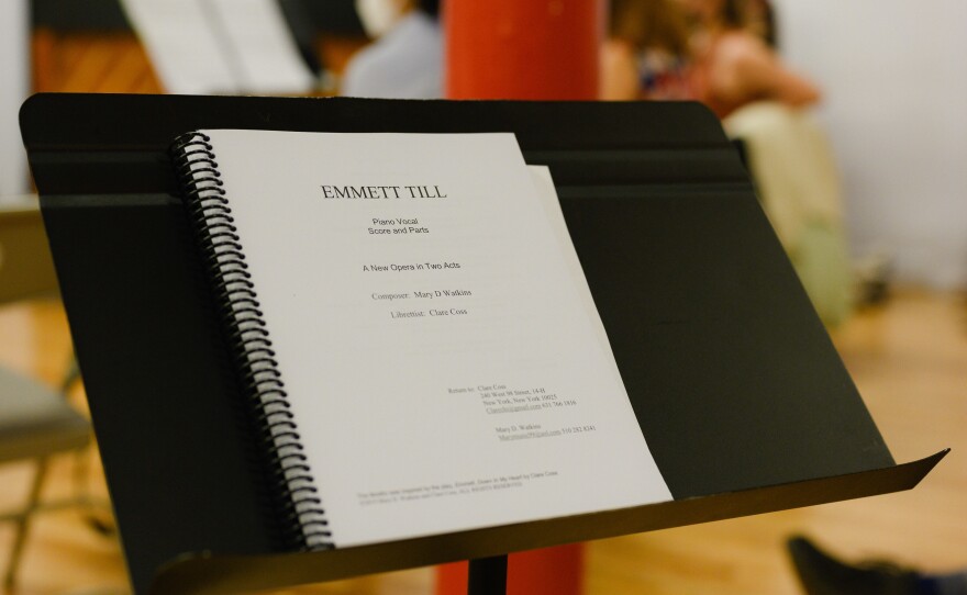 The chorus music for "Emmett Till, the Opera" sits on a music stand as the chorus reherses at Ripley-Grier Rehearsals in New York, NY on March 17, 2022.