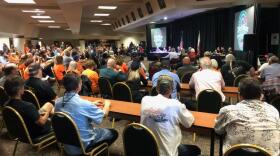 The Del Mar Fairgrounds Board of Directors listens to public comment for and against the fairgrounds' annual Crossroads of the West Gun Show, April 24, 2018. 