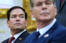 Secretary of State Marco Rubio, left, listen as President Donald Trump meets with Iraq's Prime Minister Ali al-Zaidi in the Oval Office of the White House, Tuesday, July 14, 2026, in Washington.