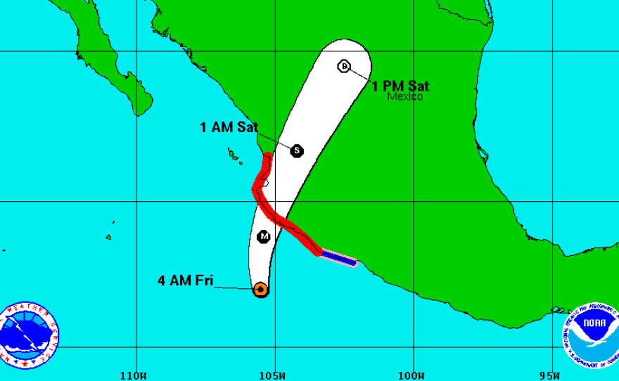 A forecast map shows the probable path of Hurricane Patricia after the storm makes landfall in southwest Mexico.