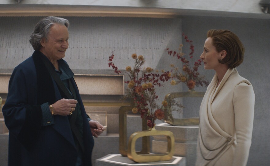 Luthen Rael (Stellan Skarsgard) and Mon Mothma (Genevieve O'Reilly) in Lucasfilm's "Andor,", exclusively on Disney+. ©2022 Lucasfilm Ltd. & TM. All Rights Reserved.