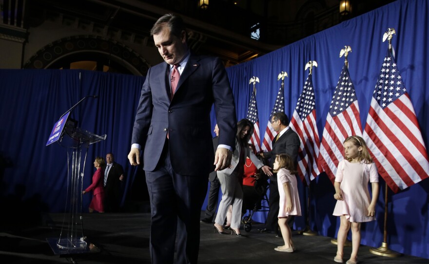 Republican presidential candidate Ted Cruz walks off the stage following a primary night campaign event Tuesday in Indianapolis.
