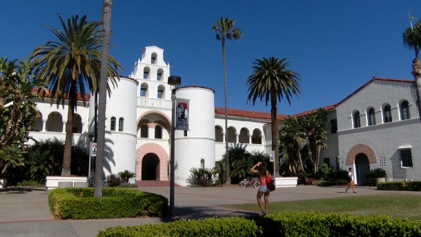 Students are shown walking on the campus of San Diego State University, Feb. 8, 2016.