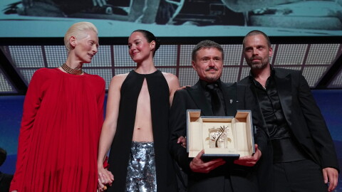 Left to right: Tilda Swinton poses with Renate Reinsve, Cristian Mungiu — winner of the Palme d'Or for Fjord — and Sebastian Stan, during the awards ceremony at the 79th Cannes international film festival, in southern France, on Saturday.