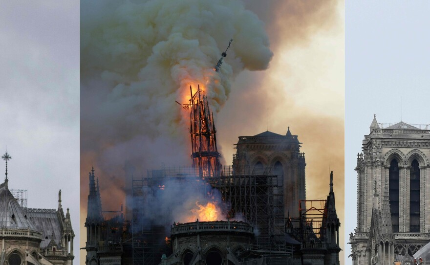 Notre Dame Cathedral's spire is seen in December. It collapsed in Monday's blaze. Only the scaffolding surrounding it is left on Tuesday.
