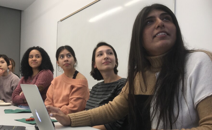(From left) Daniela Lebron, 18; Jennifer Lopez, 17; Klea Kalia, 21; and Yasmin Butt, 21, attend an event at Barnard College in New York City for Latino, first-generation and low-income students interested in studying abroad.