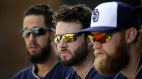 San Diego Padres pitchers James Shields, left, Brandon Morrow, center, and Andrew Cashner listen to instructions during spring training baseball practice Saturday, Feb. 21, 2015.