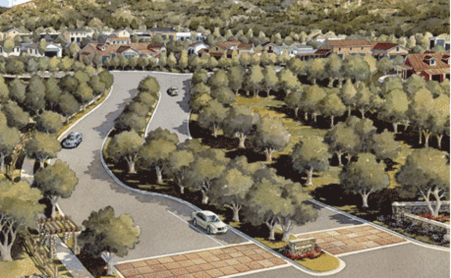 Artists renderings of the Merriam Mountains neighborhood design, which includes parks, overlooks and neighborhood shopping.