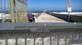 Ocean Beach Pier gates open (top), May 24, 2019 and damage from winter storm to the pier (below) Jan. 18, 2019.