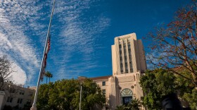 The flags outside the San Diego County Administration building in downtown are lowered to half-staff on Jan. 26, 2026. Board of Supervisors Chair Terra Lawson-Remer orded the flags lowered in