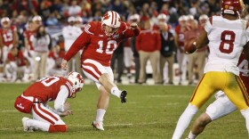 Wisconsin's Rafael Gaglianone kicks a field goal during the second half of the Holiday Bowl NCAA college football game against Southern California in San Diego, Dec. 30, 2015. Wisconsin won 23-21.
