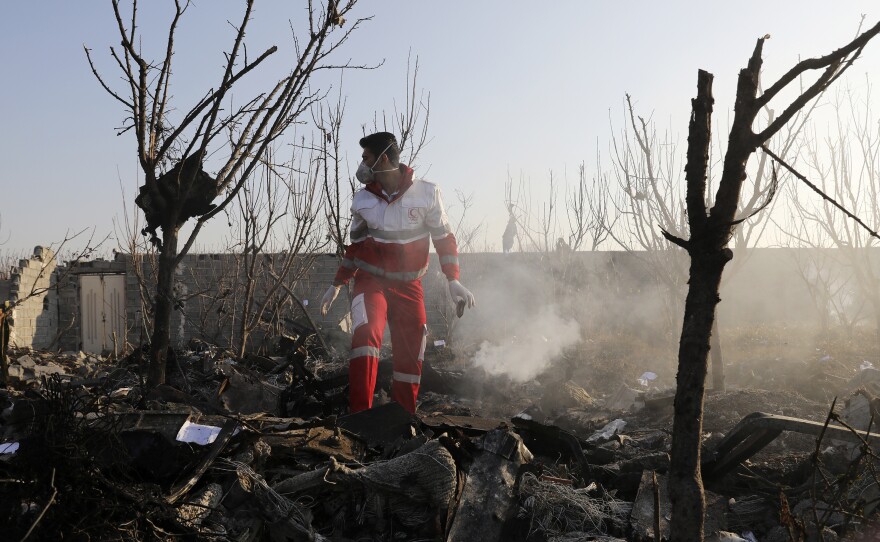 A rescue worker combs the wreckage of a Ukraine International Airlines plane near Iran's Imam Khomeini International Airport on Wednesday. All 176 people on board died in the crash, which Ukraine is now investigating.