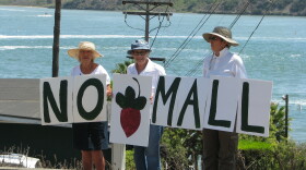 Protesters rally against the 85/15 Agua Hedionda Lagoon project, Aug. 20, 2015.