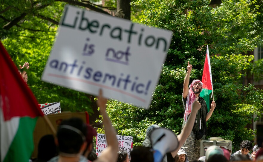 Pro-Palestine protesters gather at George Washington University on May 2.