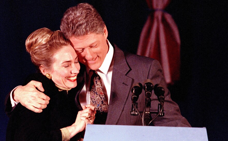 Bill Clinton hugs his wife Hillary at his election night party in New Hampshire in 1992. Clinton finished second, but after an even worse showing in Iowa, he declared himself the "comeback kid."