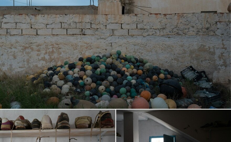 Top: A pile of bouys is part of the museum's collection. Bottom left: Shoes sit on and dangle from a shelf inside. Bottom right: Lihidheb leaves the museum to go to the backyard.