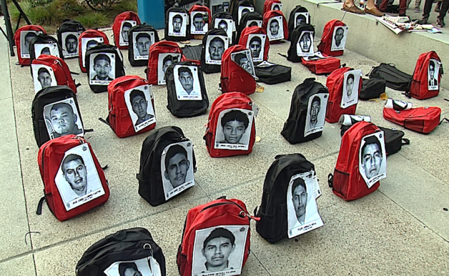 Students at San Diego City College exhibited backpacks remembering 43 disappeared Mexican youths, Sept. 26, 2016.