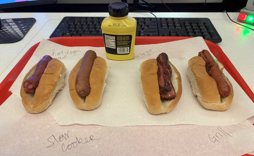 Hot dogs from a microwave, slow cooker, air fryer, and grill in Studio 45 at NPR headquarters.