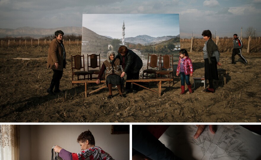 Mariam Sahakyan, 102, recalls her mother telling how the family hid in grass and fled soldiers at night. They were taken into a Kurdish family home, where they became servants, and later escaped to Syria. The Sahakyan family tree (bottom right) depicts four generations dating back to 1915. Today's generations pose (top) with Sahakyan. Daughter-in-law Hasmik (bottom left) serves as her caregiver.