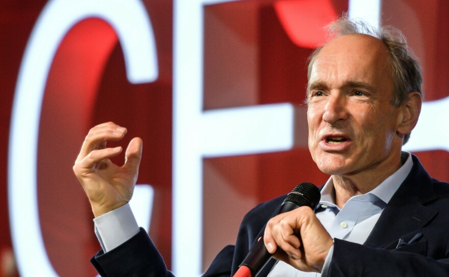 British computer scientist Tim Berners-Lee is selling the source code for the World Wide Web as an NFT. Here, Berners-Lee delivers a speech during an event at the CERN in Meyrin near Geneva, Switzerland.