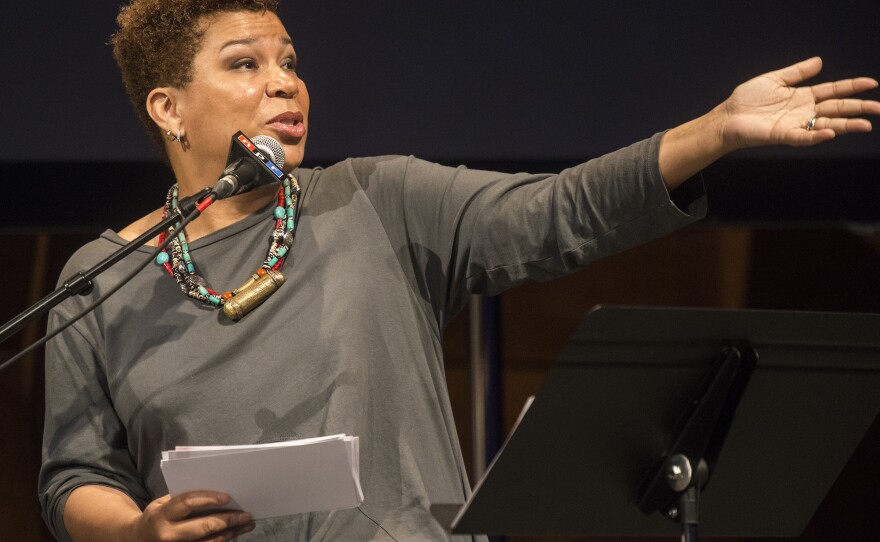 'National Public Radio host, Michel Martin talks to the audience at the live performance of Martin's Going There at Colorado State University Tuesday May 24, 2016. The show was titled, " The Future of Water."'