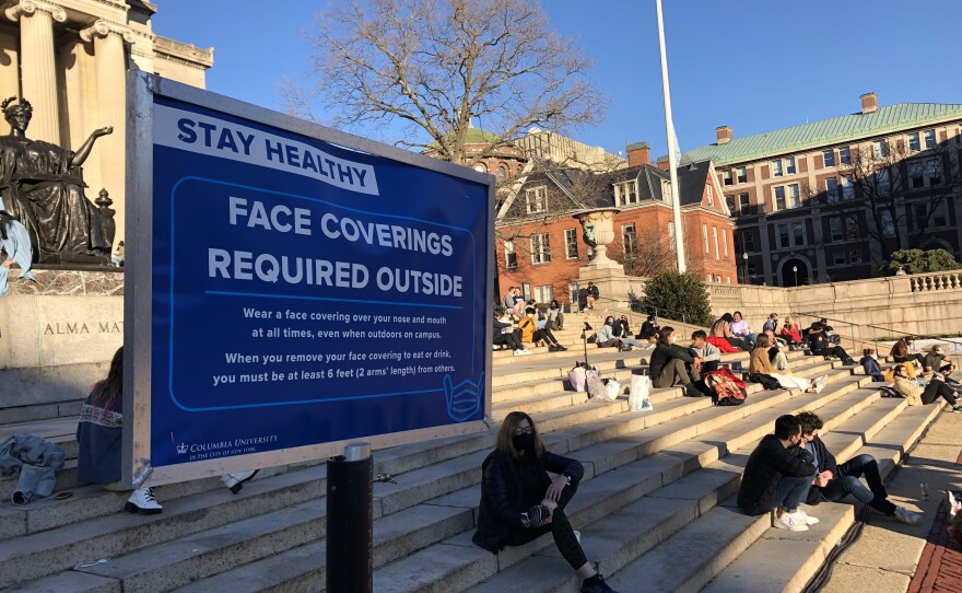 Students attend classes remotely on their laptops while lounging in the sun on the steps of Low Library at Columbia University.