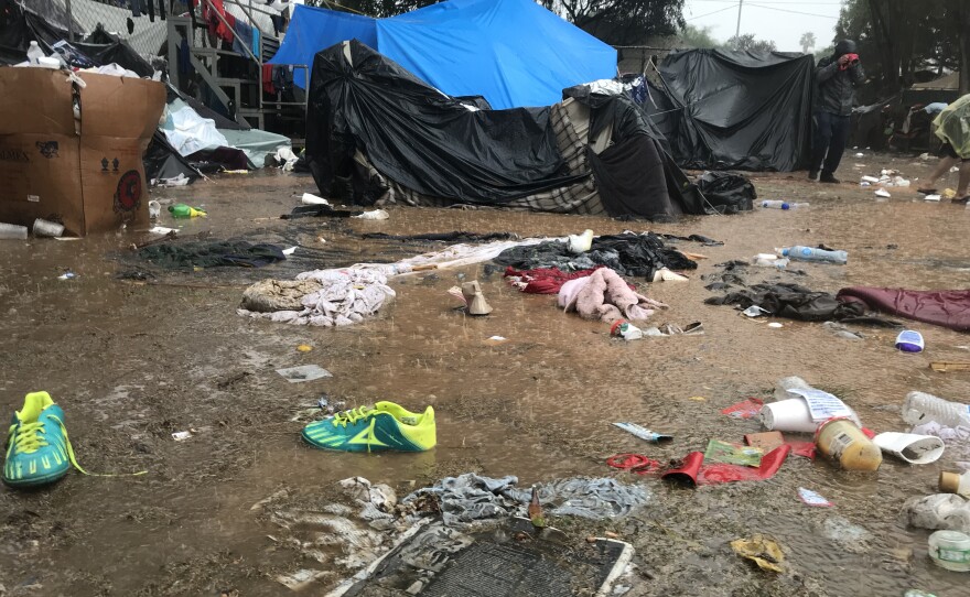Rain pouring on a migrant camp in Tijuana, Nov. 29, 2018.