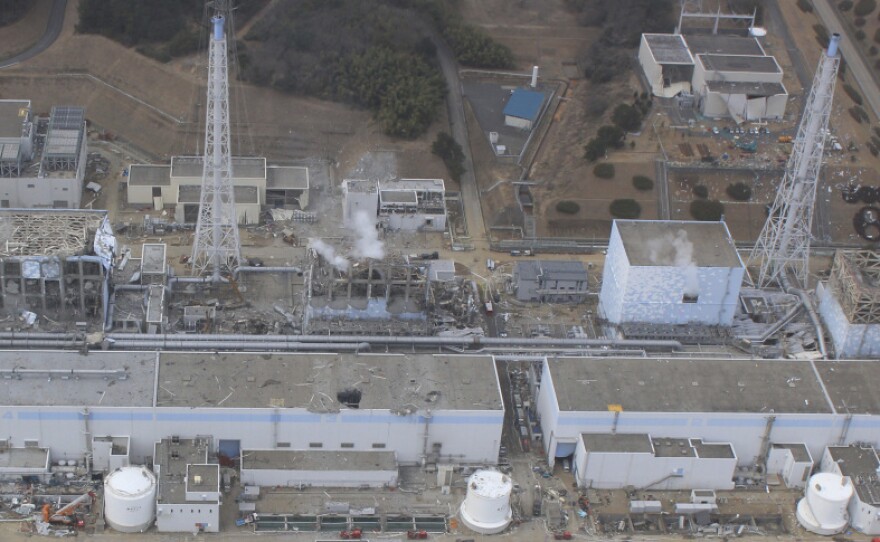 Reactors 1, 2, 3 and 4 (right to left) and the turbine buildings (foreground), seen on March 20.