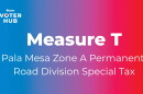 The text "Measure T: Pala Mesa Zone A Permanent Road Division Special Tax" is displayed over a blue to red gradient background, in this undated graphic. 