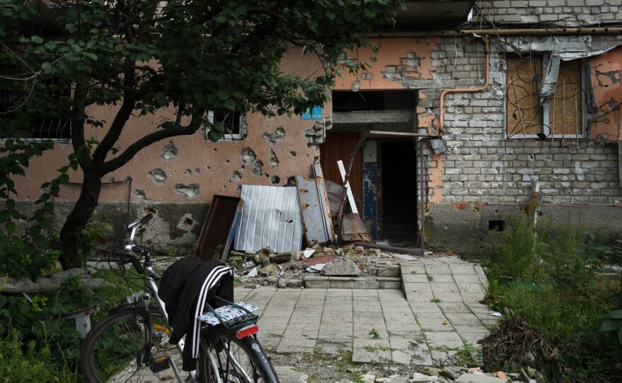 An entrance to Zahorodnikh's building in September, just after Ukraine recaptured her town of Izium from Russian forces.