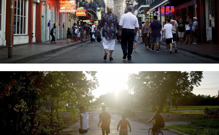 In some neighborhoods, like the Lower Ninth Ward (bottom), many residents never returned after Hurricane Katrina. Others, like the French Quarter (top), have seen an influx of newcomers.