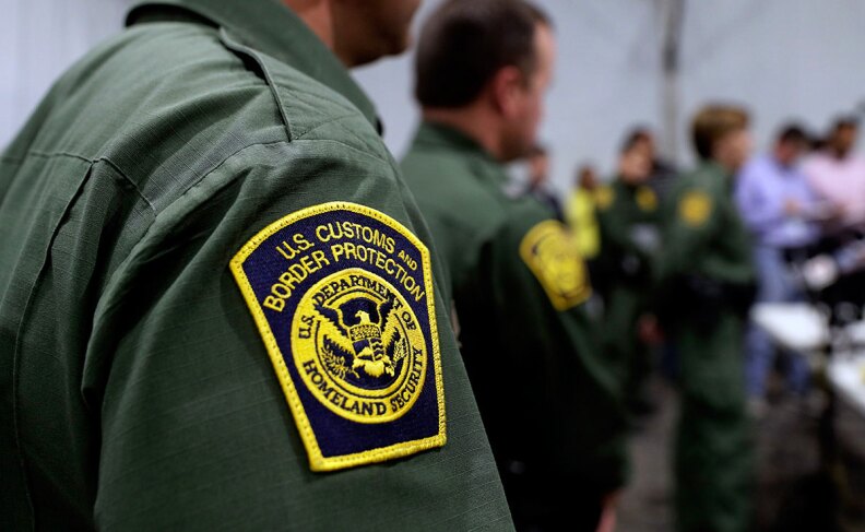 Border Patrol agents hold a news conference prior to a media tour of a new U.S. Customs and Border Protection temporary facility near the Donna International Bridge, Thursday, May 2, 2019, in Donna, Texas. 