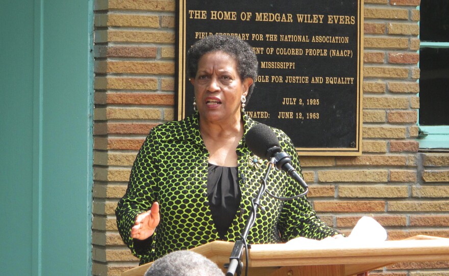 Myrlie Evers-Williams retells the moments prior to her husband's assassination in 1963, during a memorial ceremony at the Evers family's former home.